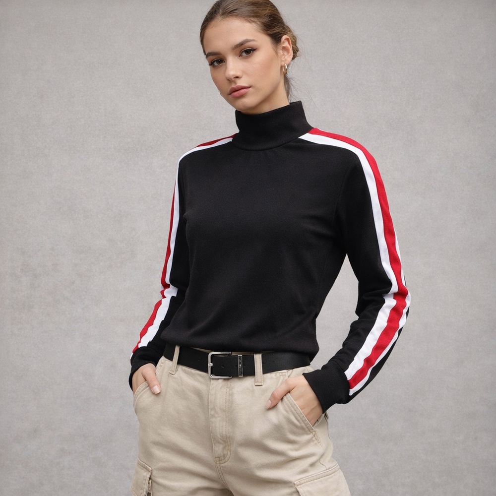 Urban Buck Black Mock Neck Pullover Top Red White Stripe Sleeves Size Large